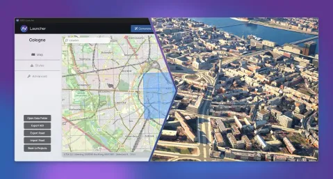 screenshot of application with a top-down view of a city next to a city map
